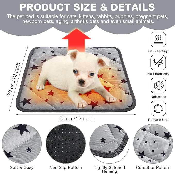Namalu 4 Pack Self Warming Cat Bed Self Heating Cat Mat Star Pattern Soft Dog Crate Pad Thermal Pet Mat Anti Slip Kennel Dog Washable Warming Bed for Outdoor Indoor(12 x 12 Inch,Gray)