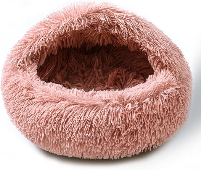 Cat Bed for Indoor Cats, Calming Cozy Cave with Self-Warming Plush, Entire Bed Machine Washable & Anti-Slip Base, Breathable Pet Bed for Small Cats&Dogs All Seasons (Leather Pink, 24*24inch)