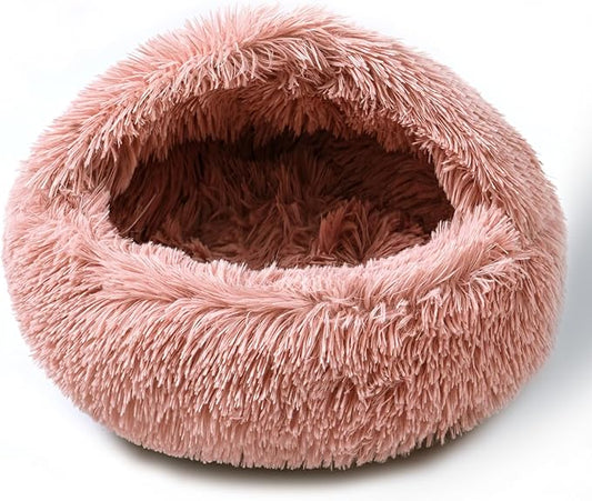 Cat Bed for Indoor Cats, Calming Cozy Cave with Self-Warming Plush, Entire Bed Machine Washable & Anti-Slip Base, Breathable Pet Bed for Small Cats&Dogs All Seasons (Leather Pink, 24*24inch)
