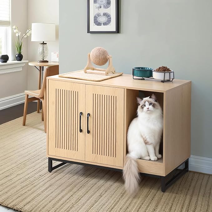 Litter Box Enclosure, Cat Litter Box Furniture with Scratching Mat, Large Hidden Litter Box Furniture Pet House, Wooden Cat Washroom Indoor, End Side Table for Hallway (Landing)