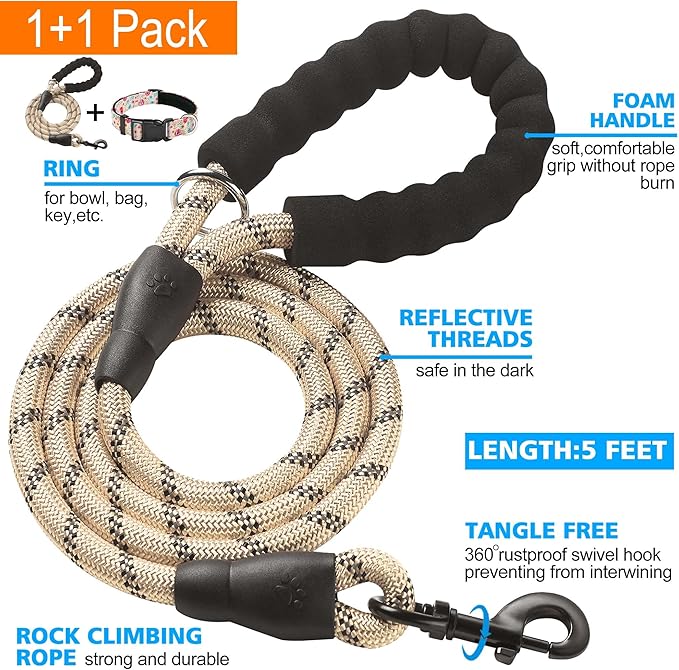 Reflective Dog Collar Padded with Soft Neoprene Breathable Adjustable Nylon Dog Collars for Small Medium Large Dogs (Large (Pack of 1), Vanila/Pink Floral Collar+Leash)