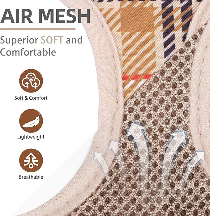 PUPTECK Dog Harness and Leash Set for Small Medium Dogs No Pull Step-in Soft Mesh Puppy Cat Vest Harnesses Reflective at Night, Plaid Pattern Beige XS
