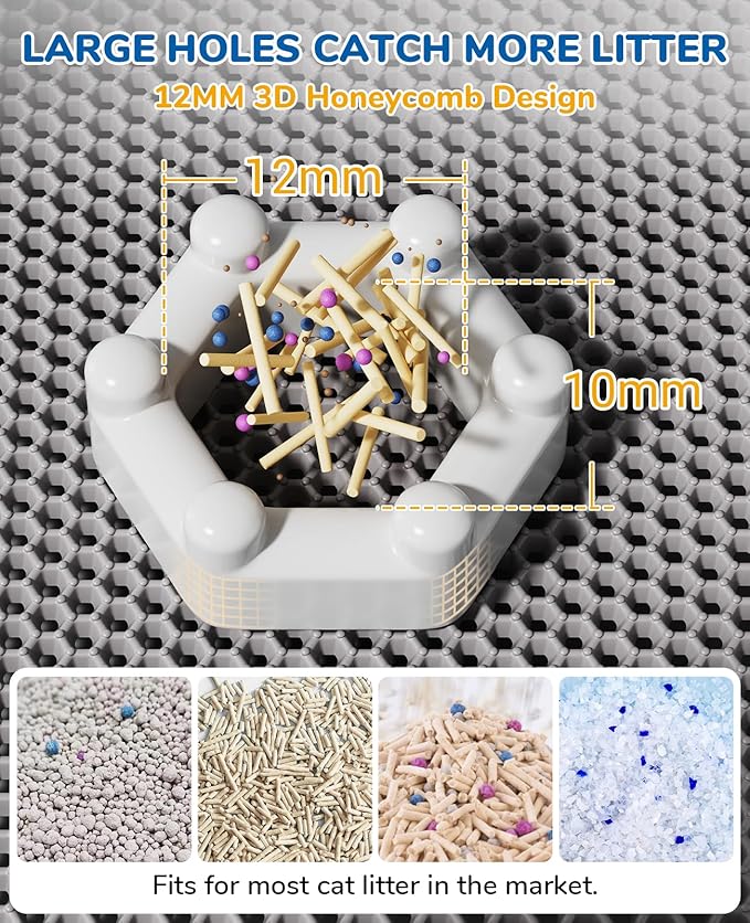 BurgeonNest 45"x32" Extra Large Cat Litter Mat, Honeycomb Double Layer Kitty Litter Trapping Mat, Urine Proof & Waterproof, Easy Clean, Machine Washable, Non-Slip, Scatter Control-Grey