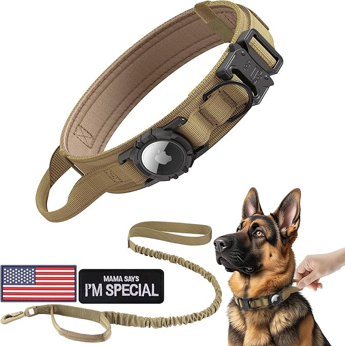 Tactical AirTag Dog Collar Leash Set - Heavy Duty, Adjustable GPS Collar Compatible with Apple AirTag, with Holder & Control Handle for Medium/Large Dogs [Brown, XL]