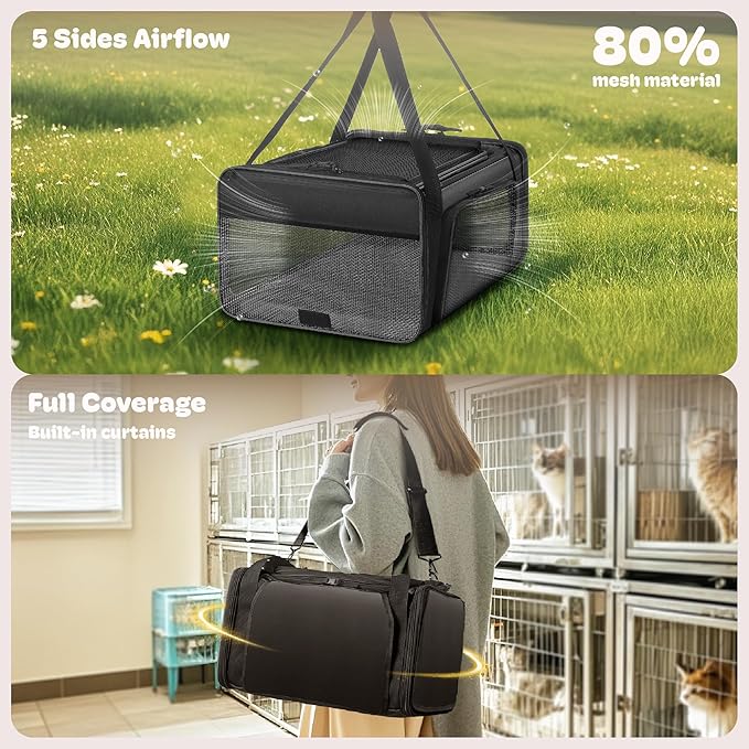 Top and 2 Sides Expandable Large Cat Carrier 18x13.5x9.5, TSA Airline Approved Dog Carriers for Large Dogs, Soft-Sided Pet Carrier with Self-Locking Zippers for Kitten,Rabbit, Puppy, Guinea Pig Black