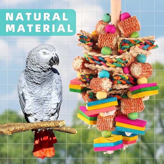 Parrot Toys for Medium and Large Birds Natural Wood Corn Cob Chewing Toy Bird Cage Accessories for African Grey,Macaws,Conure,Cokatoos,Cockatiel,Amazon Parrots