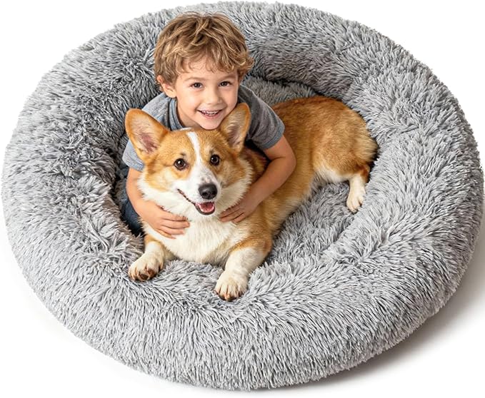 Extra Large Donut Calming Dog Bed with Orthopedic Memory Foam Dogs,42 Inch Pet Bed Cuddler Anti Anxiety with Comfort Cooling Gel,Removerable Waterproof Round Plush Cover Sofa for Machine Washable,Grey