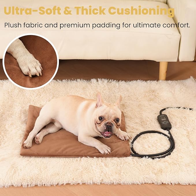 Pet Heating Pad for Cats and Dogs, Heated Cat Bed & Dog Heating Pad with 5 Temperature Levels, Waterproof Heated Pet Mat with Timer, Auto Power-Off and Chew Resistant Cord, 20'' x 16''