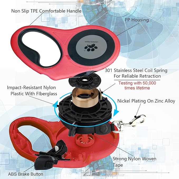 16 ft Retractable Dog Leash for Extra Large Dogs up to 130 lbs,Tangle-Free Nylon Tape,Red Dan24 XL