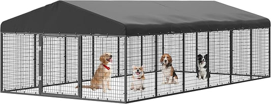 236" x 118" Outdoor Dog Kennel Steel Ideal Dog Fence for Medium/Small Dogs Anti-Rust Coating Cage with Roof All Weather Resistant Dog House with Double Locks