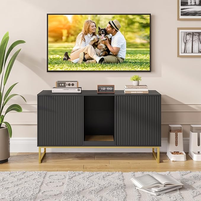 Kitty Litter Box Enclosure for 2 Cats, Small Hidden Cat Litter Box Furniture with Scratch Pad, Modern Fluted Double Litterbox Cabinet TV Stand for Kittens, Black