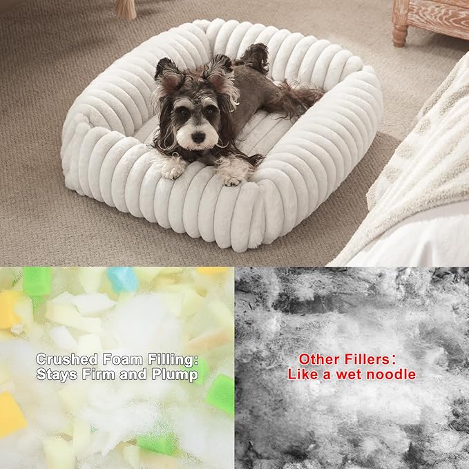 FURTIME Dog Bed for Small Dogs, Washable Orthopedic Dog Bed with Removable Cover, Rectangle Soft Calming Sleeping Puppy Bed Durable Pet Cuddler with Anti-Slip Bottom, Cream, S (20"x19"x6")