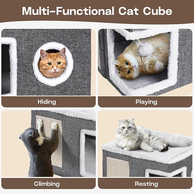 Cat Houses for Indoor Cats - Large Cat Bed Cave with Fluffy Ball and Scratch Pad, Foldable Cat Condo Hideaway for Multi Small Kitten & Pet, Grey