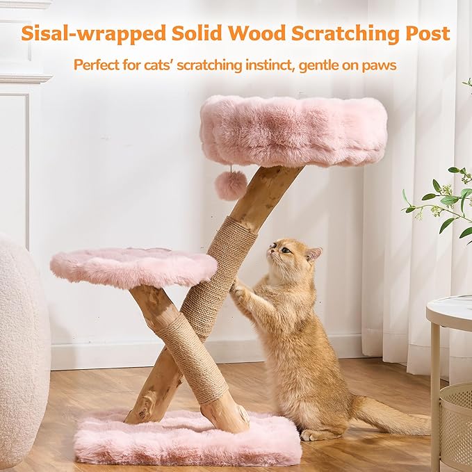 Cat Tree Modern Sturdy Solid Wood Cat Tower for Large Cat with Scratching Post for Indoor, Multifunctional Cat Tower with Cozy Bed and Platforms