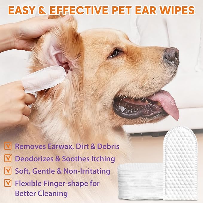 Dog Ear Cleaner Kit - Dog Ear Finger Wipes and Ear Cleaner Solution for Dogs and Cats, Gently Remove Ear Wax & Debris, Soothe Ear Itching, Deodorize, Pet Ear Wash with Aloe Vera & Witch Hazel