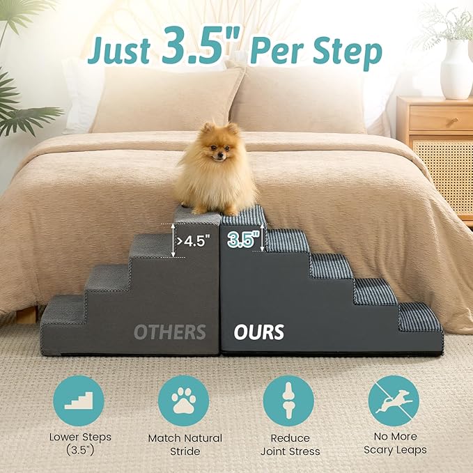 Dog Stairs for Small Dogs 17.7" H, 5-Step Gentle Incline Pet Step for Couch and Beds, Non-Slip Dog Ramp for Puppy Doggie Senior Cats, 17.7x29.5x17.7 Inch, Charcoal Grey