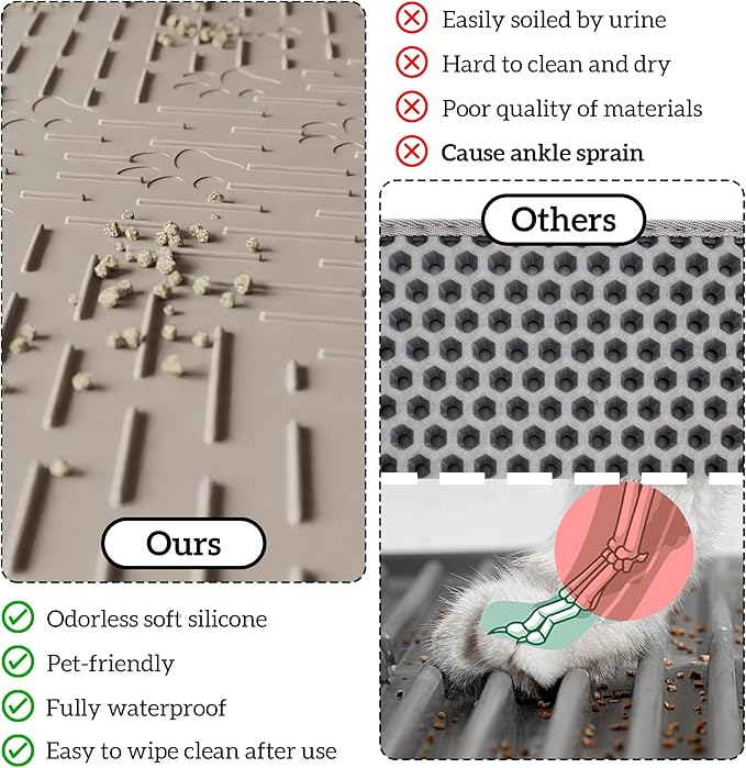 OHMO Cat Litter Mat XXL Trapping Mat Premium Silicone Rubber 37.5x25.2 Beige，Waterproof and BPA Free Kitty Litter Box Mat, Easy to Clean and Keeps The Floor Tidy