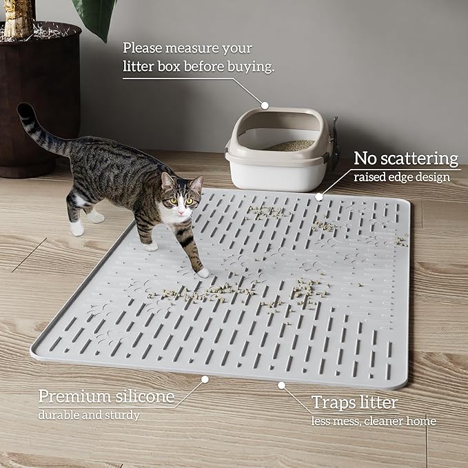 OHMO Cat Litter Mat Trapping Mat Premium Silicone Rubber 23.5x16 Ash Grey, Waterproof and BPA Free Kitty Litter Box Mat, Easy to Clean and Keeps The Floor Tidy
