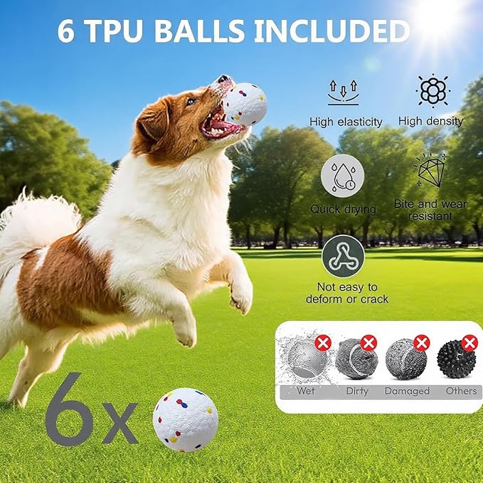 Automatic Ball Launcher for Dogs, Dog Ball Launcher with 6 ETPU 2.3” Balls, Adjustable Distance Thrower for Indoor & Outdoor Fetch Play, Interactive Pet Toy for Small & Medium Dogs