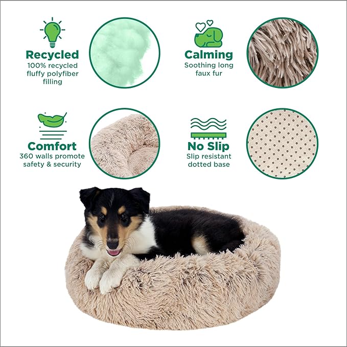 Furhaven 36" Round Calming Donut Dog Bed for Large/Medium Dogs, Refillable w/ Removable Washable Cover, For Dogs Up to 75 lbs - Shaggy Plush Long Faux Fur Donut Bed - Taupe, Large
