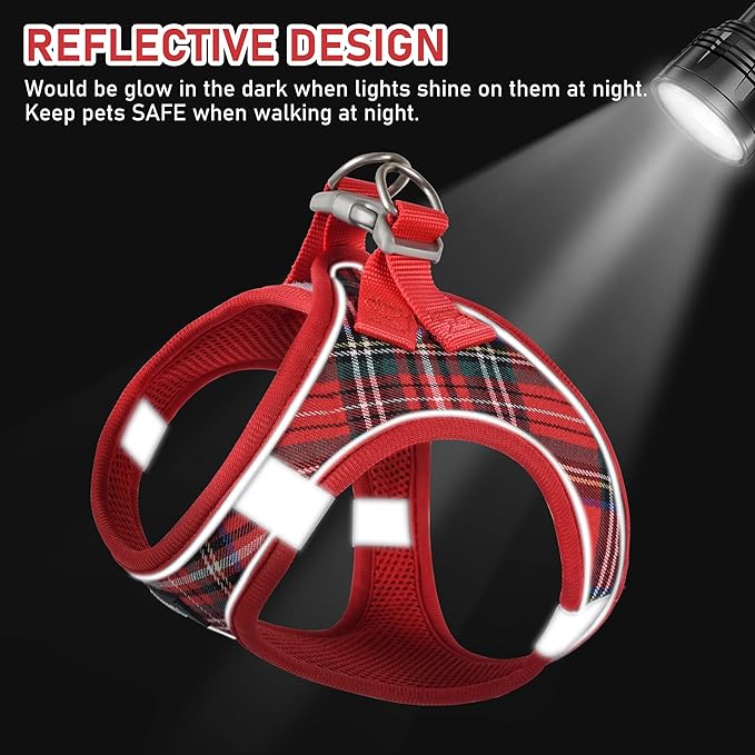 GAMUDA Small Dog Harness Collar and Leash Set, Step in No Chock No Pull Soft Mesh Adjustable Dog Vest Harnesses Plaid Reflective for Dogs Puppy Cats Kitten Rabbit (Red, XS)