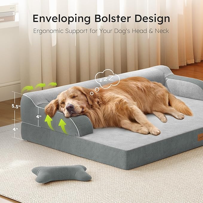 XXL Orthopedic Dog Bed, Big Dog Bed for Large Dogs, Dual-Sided Pet Cooling Beds with Memory Foam Washable Cover Nonslip Bottom, Waterproof Pet Couch with Bolsters, Light Grey