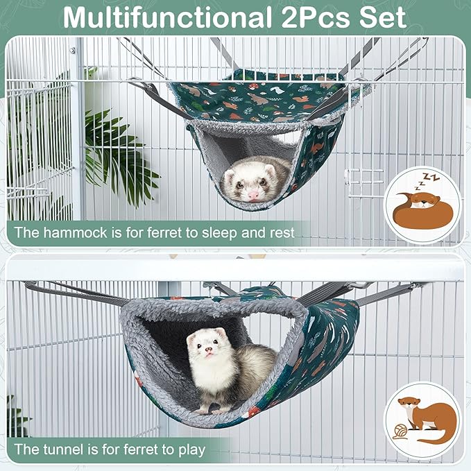 Bienbee 2 Pcs Ferret Rat Hammock Set for Cage Washable Guinea Pig Hideout Bed Soft Small Animal Hammock Tunnel Toys Ferret Cage Accessories for Hedgehog Sugar Glider Squirrel Hamster