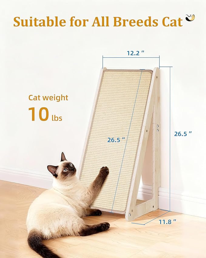 26.4'' Sisal Cat Scratcher Ramp for Indoor Large Cats, Vertical Scratching Post, Wooden Cat Furniture