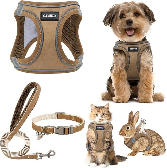 GAMUDA Small Pet Harness Collar and Leash Set, Step in No Chock No Pull Linen Fabric Soft Mesh Dog Vest Harnesses Reflective for Dogs Puppy Cats Kitten Rabbit (Brown, S)