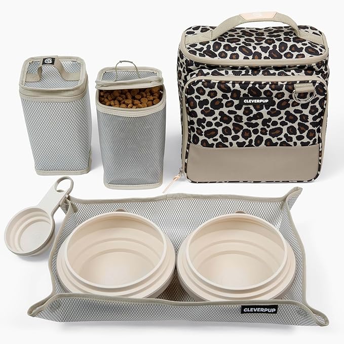 Large 7-Piece Bistro Box Dog Food Travel Kit, 12-Cup Kibble Storage, 2 Silicone Bowls, Mat & Scoop - Premium Portable Pet Food Kit for Weekends, Overnights, Daycare & Camping, Leopard
