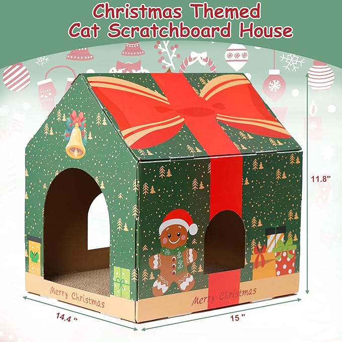 Cat Scratching House, Christmas Theme Scratcher Cardboard, Lounge Bed for Indoor Rest & Play, House Scratcher Pad (Green, 14.4 "L X 15" W X 11.8" H)