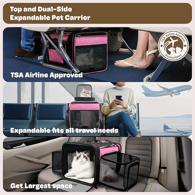 Top and 2 Sides Expandable Cat Carrier 18x11x11, TSA Airline Approved Dog Carriers for Medium Dogs, Soft-Sided Pet Carrier with Self-Locking Zippers for Kitten,Rabbit, Puppy, Guinea Pig Pink