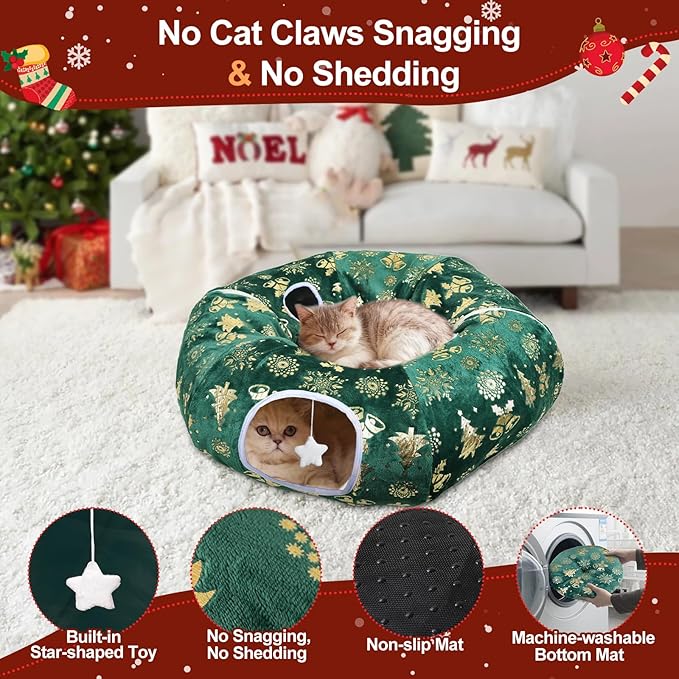 Cat Tunnel Bed for Indoor Cats, L Christmas Tree Skirts Washable Warm Soft Indoor Cat Donut Tunnel, Multifunctional Cat Interactive Playground Toys for Felines Pet Christmas Tree Decoration
