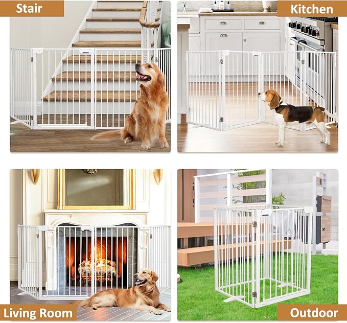 Metal Freestanding Dog Gates with Door,Extra Wide 24", 32" Height Foldable Dog Fence for Indoor & Outdoor, Heavy Duty Freestanding Pet Barrier for Stairs, Doorways, Halls, Kitchen,Yard,Christmas Tree