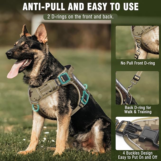 Tactical Dog Harness and Leash Set for Large Dogs,Heavy Duty No Pull Service Dog Vest and 10 Patches with Dog Seat Belt,Reflective Adjustable Pet Harness for Training Walking Hiking Camo L