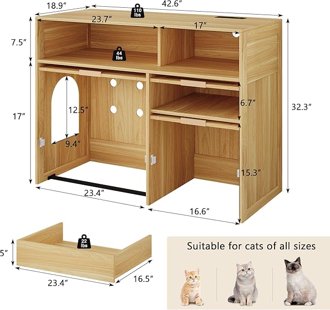 Cat Litter Box Enclosure Cabinet with Drawer, Hidden Litterbox Furniture with Storage, Boho Rattan Style Indoor Cat House Washroom, Fits Most of Litter Boxes