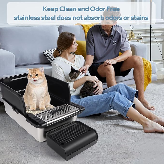 Stainless Steel Litter Box XXL, Extra Large 23.6“L x 15.8”W x 11.8" H High Sided Metal Cat Litter Box with One-Piece Scoop, Filter Pedal, Garbage Bags & Storage Box, Easy Cleaning (Black)