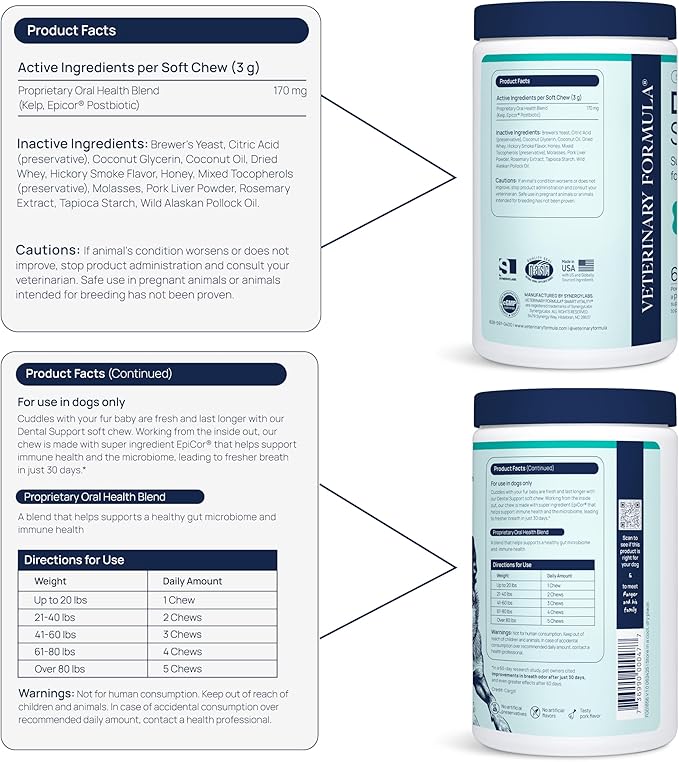 Veterinary Formula Dental Health Supplement for Dogs – Vet-Formulated Chews with EpiCor® & Kelp – Smart Vitality Supports Plaque, Tartar, Breath & Oral Health, 60 Soft Chews