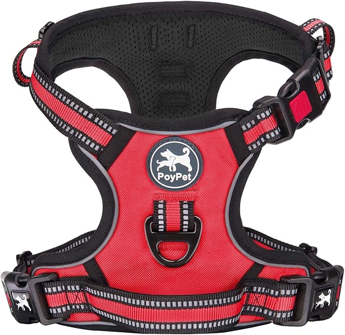 PoyPet No Pull Dog Harness, [Release on Neck] Reflective Adjustable No Choke Pet Vest with Front & Back 2 Leash Attachments, Soft Control Training Handle for Small Medium Large Dogs(Red,XL)