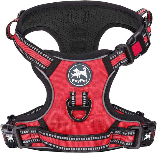 PoyPet No Pull Dog Harness, [Release on Neck] Reflective Adjustable No Choke Pet Vest with Front & Back 2 Leash Attachments, Soft Control Training Handle for Small Medium Large Dogs(Red,XS)