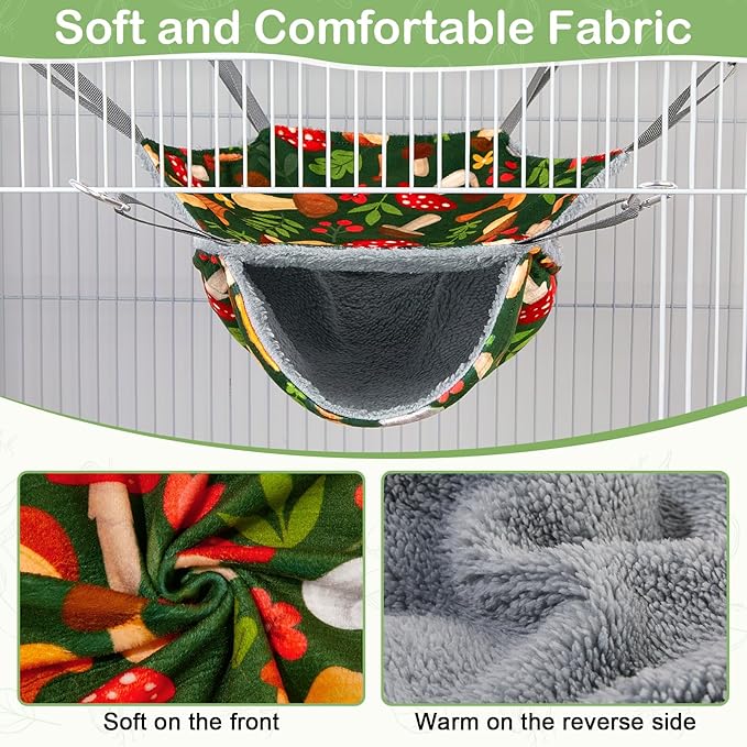 Bienbee 2 Pcs Ferret Rat Hammock Set for Cage Washable Guinea Pig Hideout Bed Soft Small Animal Hammock Tunnel Toys Ferret Cage Accessories for Hedgehog Sugar Glider Squirrel Hamster, Green Mushroom