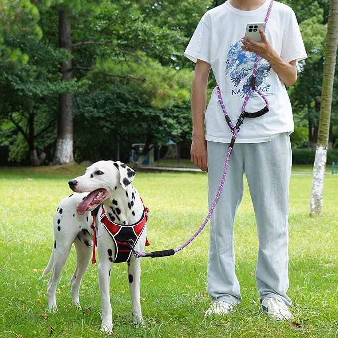 Cymiler Hands Free Dog Leash, 8 Ft Reflective Cross-Body Pet Rope Leashes with Sponge Handle, Heavy Duty Nylon, for Running, Hiking, Training, Waist Leash for Small Medium Large Dogs (Purple)