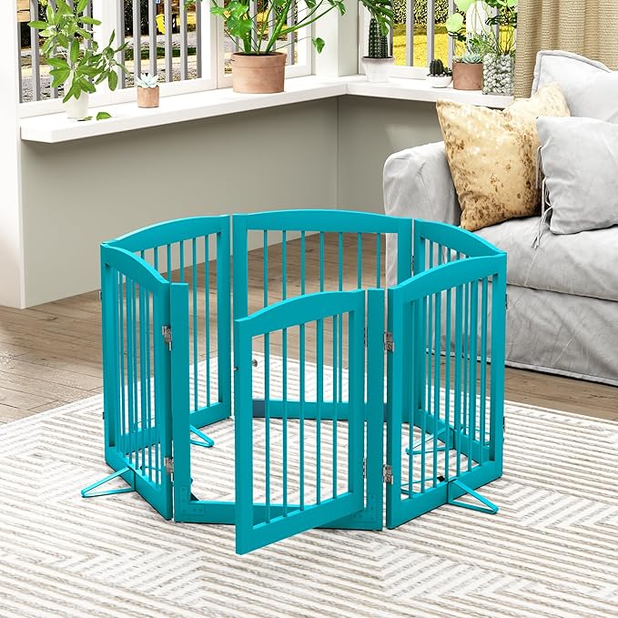 Freestanding Pet Gates with Walk Through Door, Dog Indoor Fence, Dog Gate for The House, Doorway, Stairs, Extra Wide Pet Gate, Support Feet Included, 120 Inch Wide, 6 Panels 24" Tall, Blue