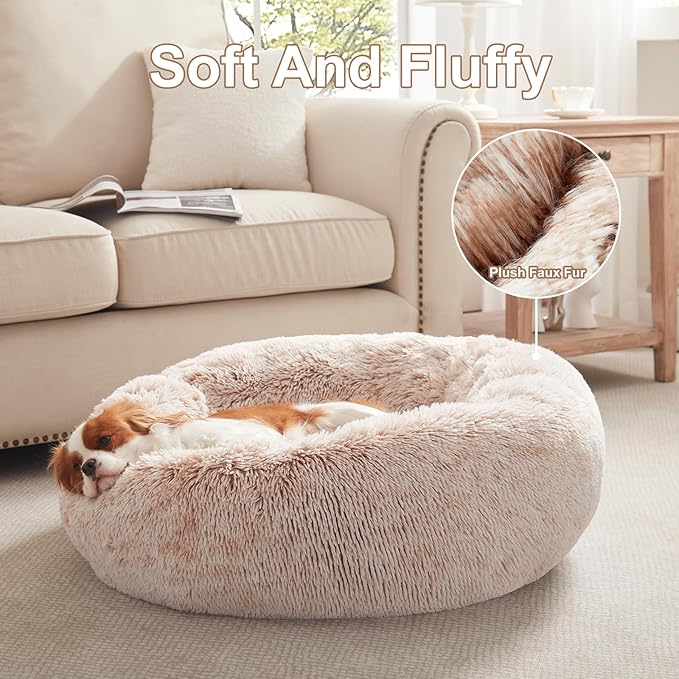30 inches Donut Dog Bed for Medium Dogs,Calming Fluffy Round Pet Bed with Removable & Washable Cover,Fits up to 45 lbs Pets(Brown,Medium)