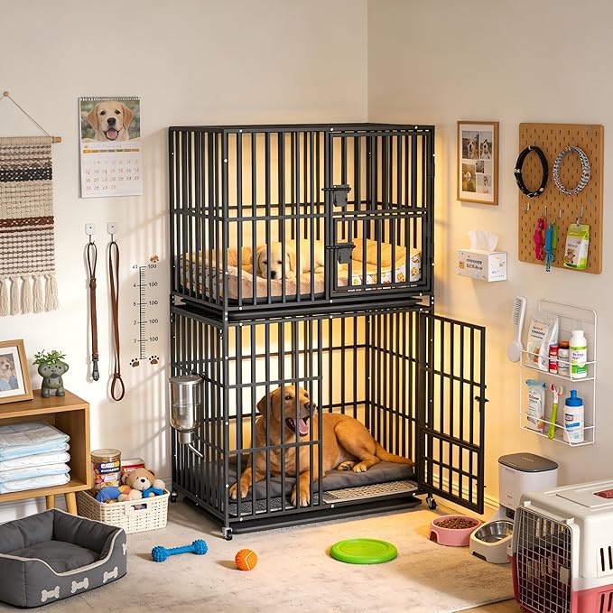 BingoPaw Heavy Duty Dog Crate: 38Inch Dog Kennel Stackable Made by Chew Resistant Square Meatl Tube - Two Tiers Dog Kennel Indoor Escape Proof with Wheel and Tray