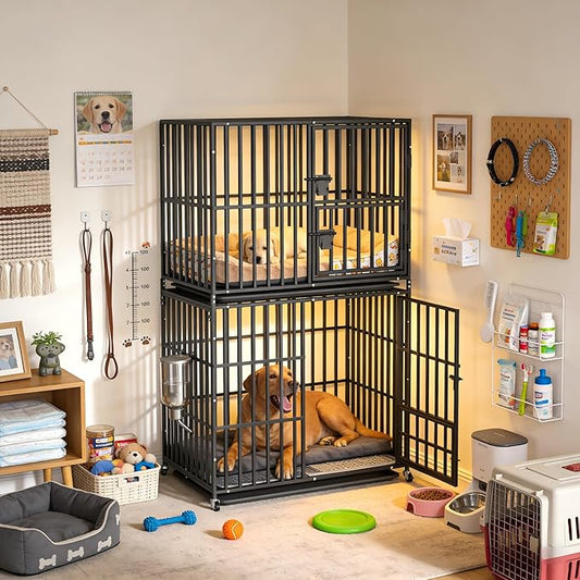 BingoPaw Heavy Duty Dog Crate: 38Inch Dog Kennel Stackable Made by Chew Resistant Square Meatl Tube - Two Tiers Dog Kennel Indoor Escape Proof with Wheel and Tray