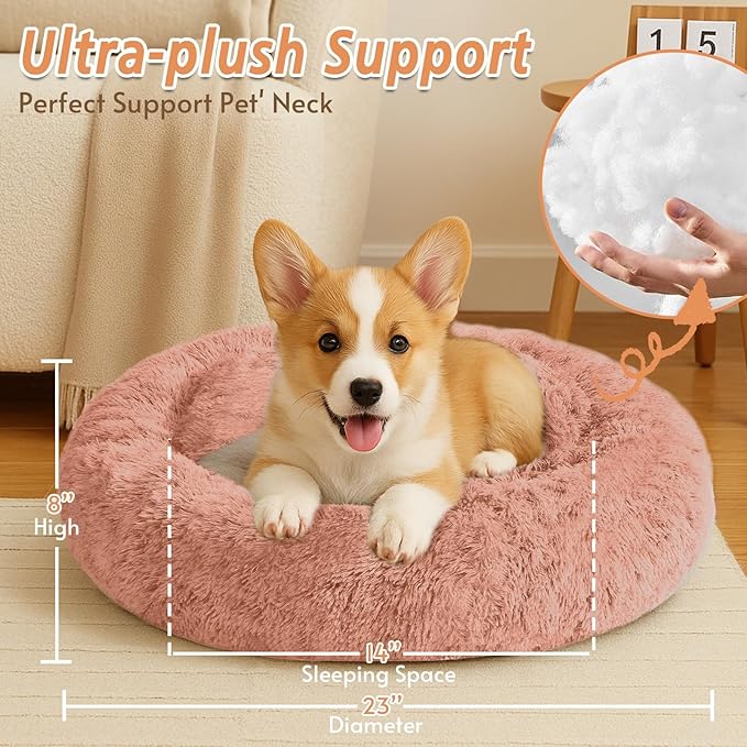 JOLLYVOGUE Calming Dog Bed for Small Dogs - 23 inches Donut Washable Small Dog Bed for Kittens & Puppies, Anti-Slip Round Fluffy Plush Faux Fur Cat Beds (Fits up to 25 lbs Pets, Peach Pink)