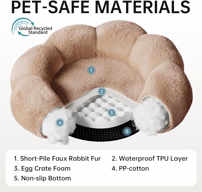 OhGeni 36 inches Calming Donut Orthopedic Dog & Cat Bed for Large Pets, Warming Comfort Fluffy Short Pile Fur, Durable Waterproof Machine Washable Removable Cover, Cute Round Bed for Puppy, Camel