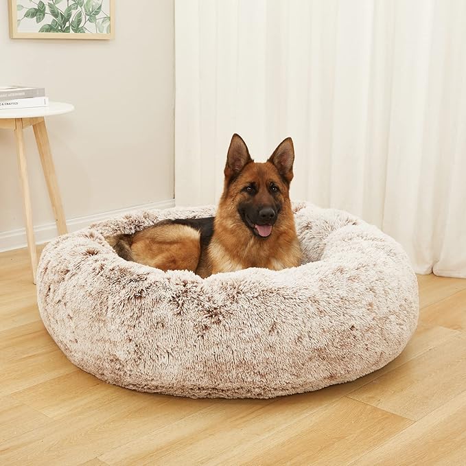 Bedfolks Calming Donut Dog Bed, 45 Inch Round Plush Bed for Extra Large Dogs, Anti-Anxiety, Washable with Non-Slip Bottom (Brown, Extra Large)
