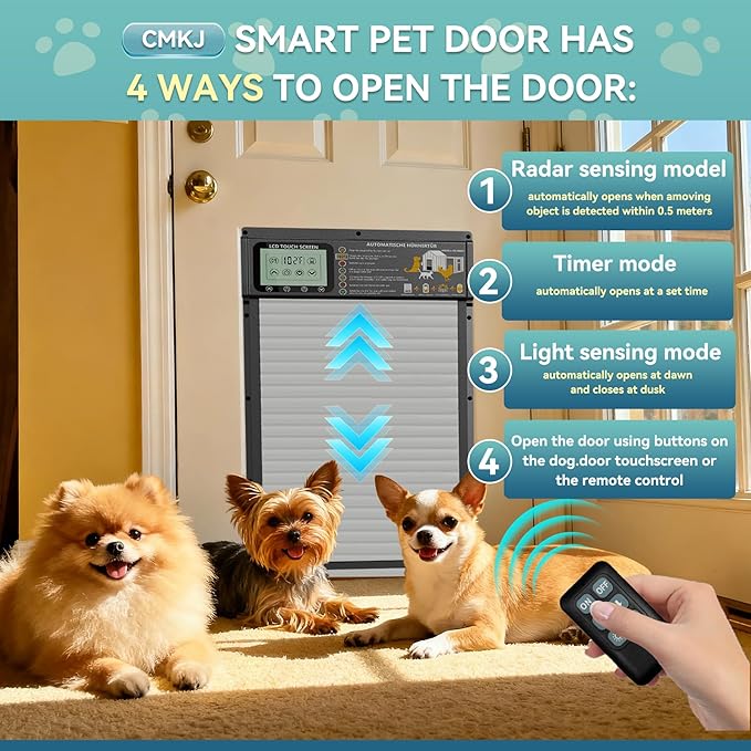 Solar Powered Automatic pet Door, LCD Display, Timer, Light Sensor, Remote Control, 6000mAh Battery, 4 Operation Modes